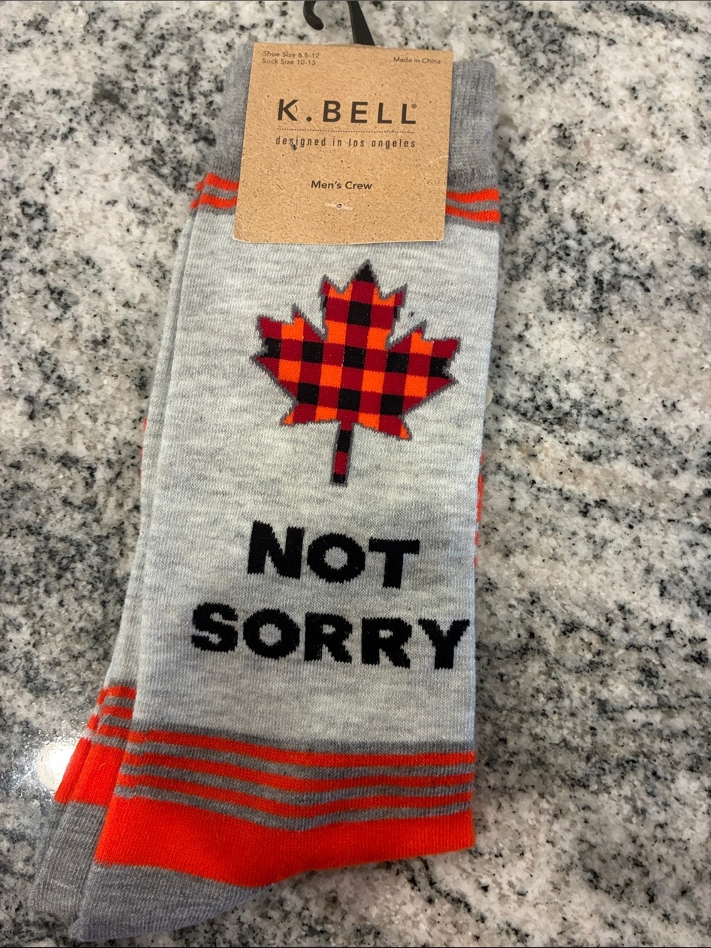K. Bell Men's Grey & Orange 'Not Sorry' Crew Socks. B20